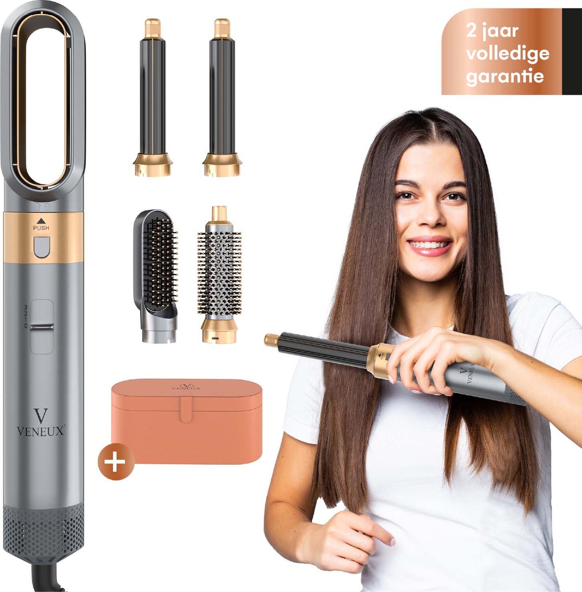 VENEUX® Föhnborstel - Airstyler - Krulborstel - Krultangen - 5-in-1 Multistyler - Met Opbergcase - Grijs Met Goud