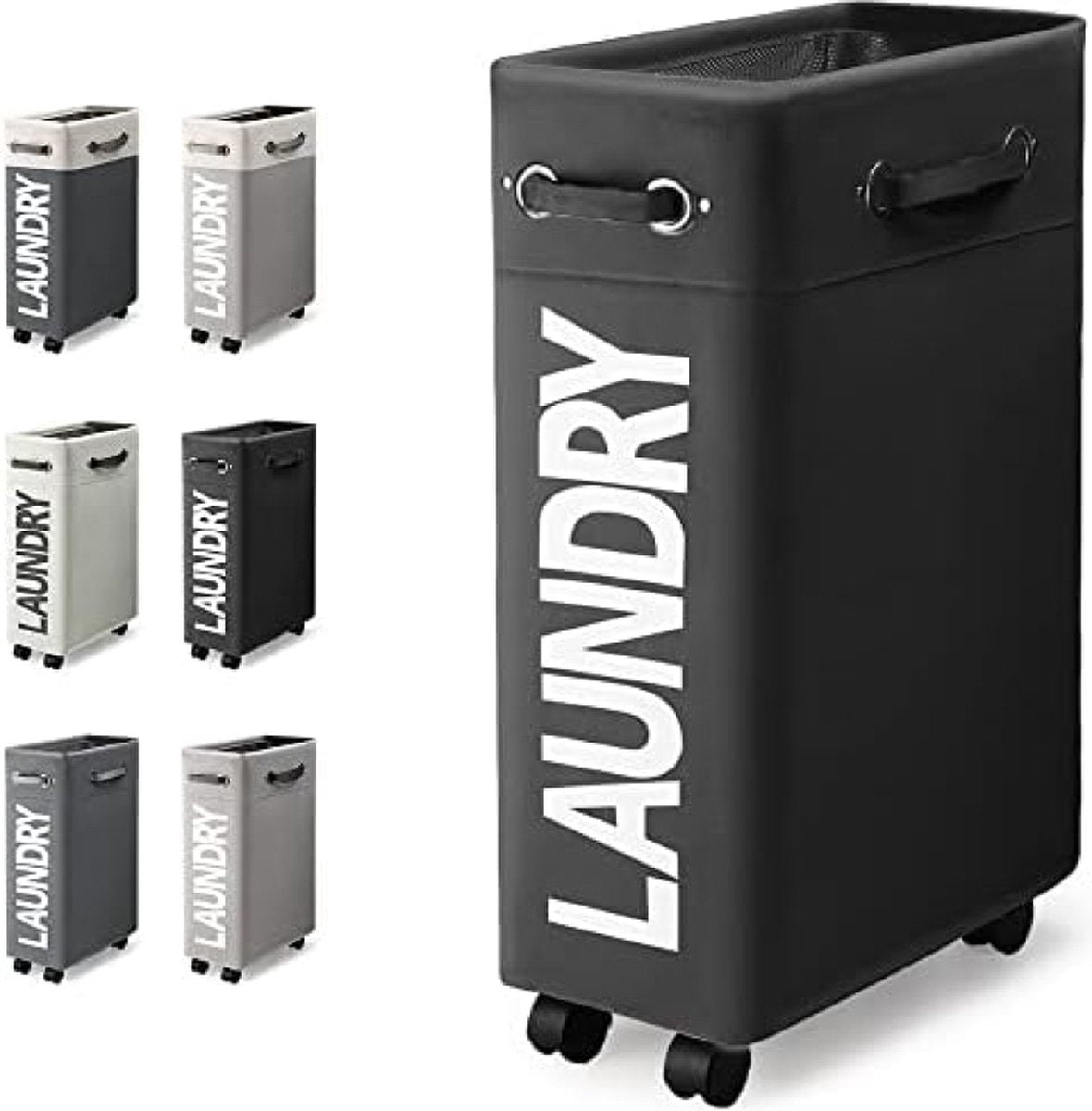 Wasmand met Wieltjes 45L Extra Smal Inklapbare Wasmand met Wielen Opvouwbare Dunne Wasmand met Handvat Praktische Opbergbox voor Slaapkamers en Wasruimte (Zwart o2)