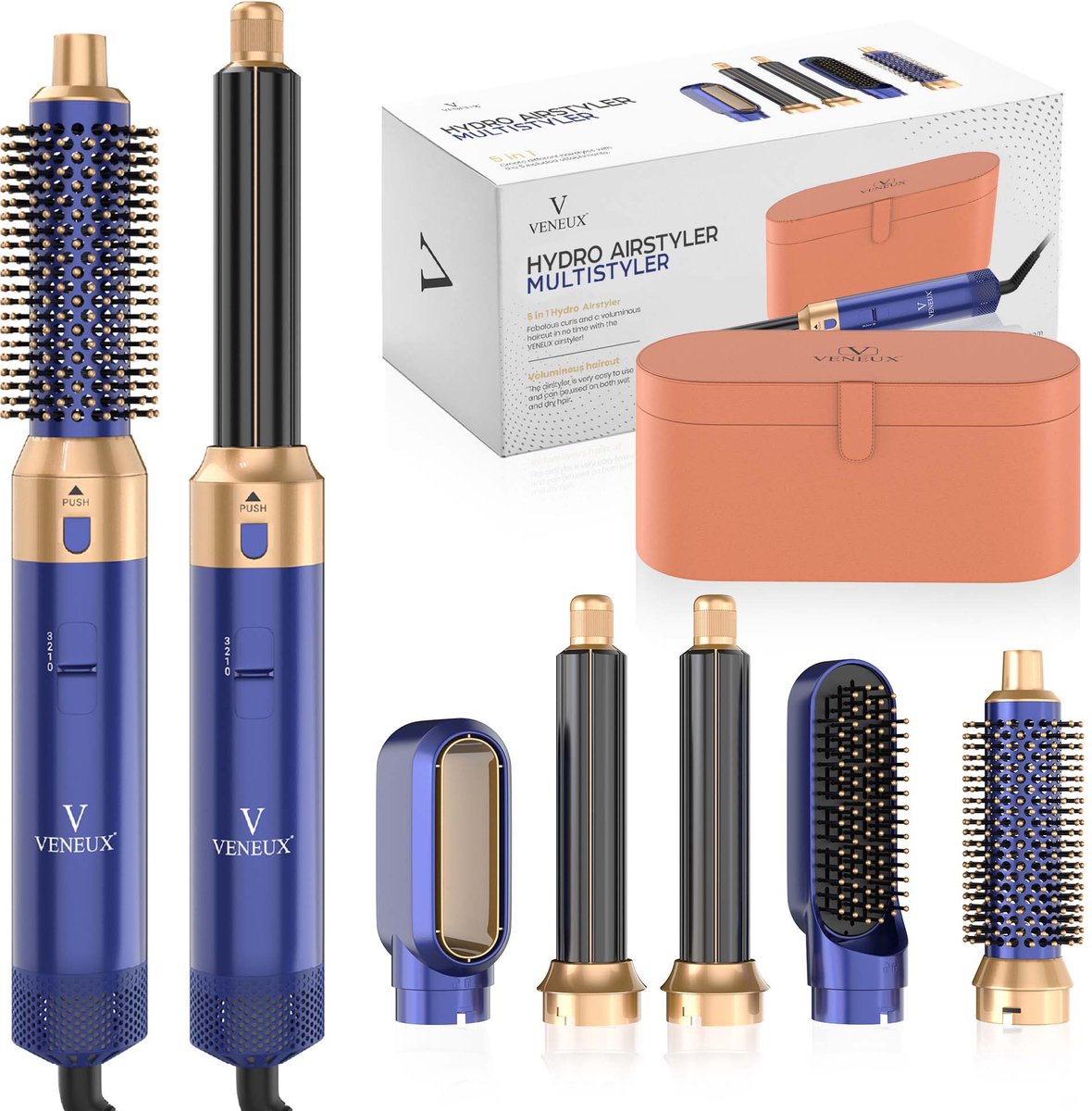 VENEUX® Föhnborstel - Airstyler - Krulborstel - Krultangen - 5-in-1 Multistyler - Met Opbergcase - Blauw Met Goud