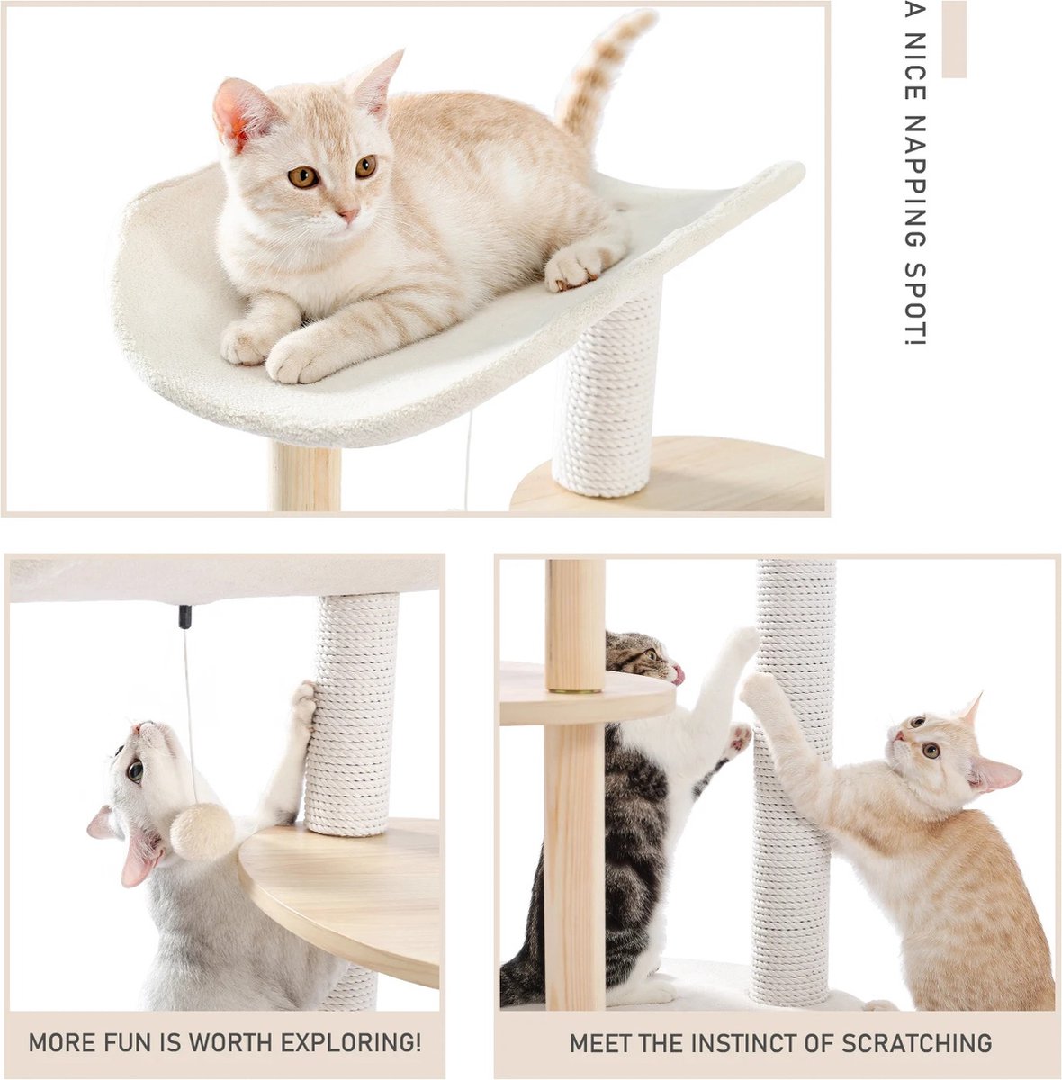 Luxueuze houten krabpaal 124,5 cm hoog - Krabpaal voor middelgrote en grote katten - Met natuurlijk sisaltouw - Met 4 ligplekken en holen - Comfortabel en stabiel - Hout