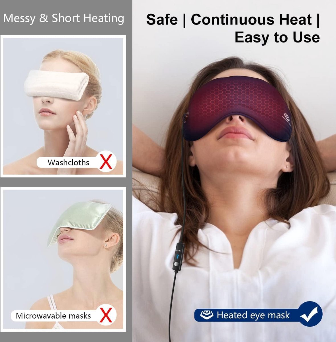 Heated Eye Mask with 3-Level Temperature Control - Warm Eye Mask for Dry Eyes and Sleep - Heating Pad for Blepharitis and Dark Circles - MGD Eye Mask