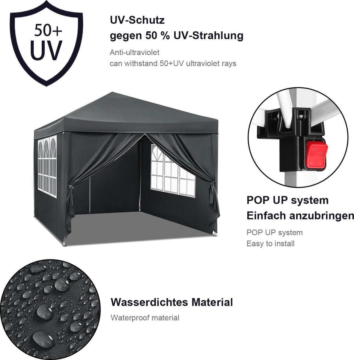 J&R Partytent - Paviljoen - Opvouwbare Luifel - Tuintent - Waterdicht - UV Bescherming - met Draagtas - Pavillon - Prieel - Zijpanelen - 3x3m - Grijs
