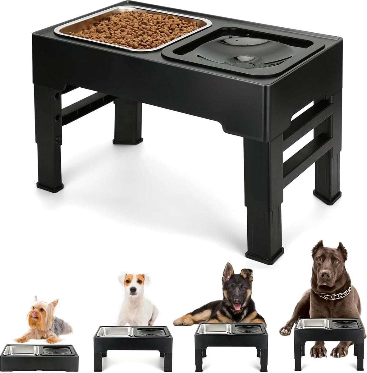 Elevated Dog Bowl (2 x 1.6 L), 4-Way Adjustable Height Food Stand with Dog Bowl, Stainless Steel and Leak-Proof Water Bowl, Foldable and Non-Slip Feeder for Dogs, Raised for