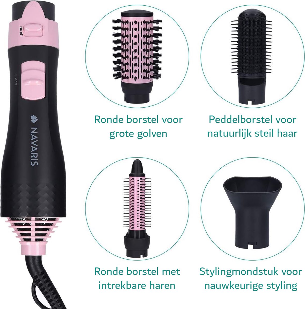 Föhnborstel - Met Diffuser - Föhnborstel - Haardroger met Borstel - Incl 4 Opzetstukken - Zwart