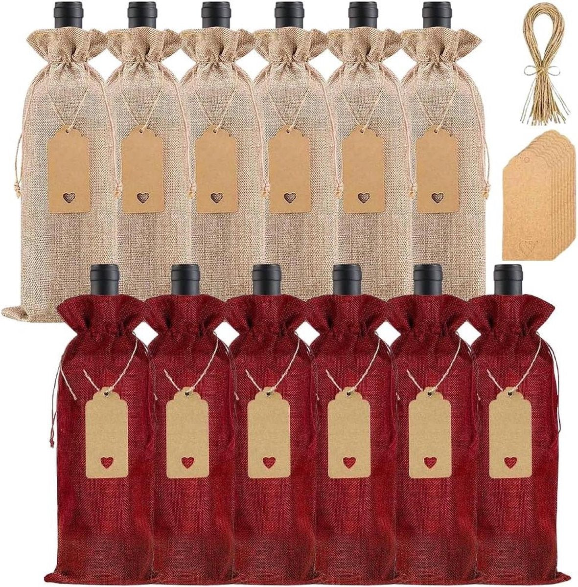 Jute geschenkzakje voor wijnfles - set van 12 - feesten blindproeverijen - cadeauhangers met trekkoord