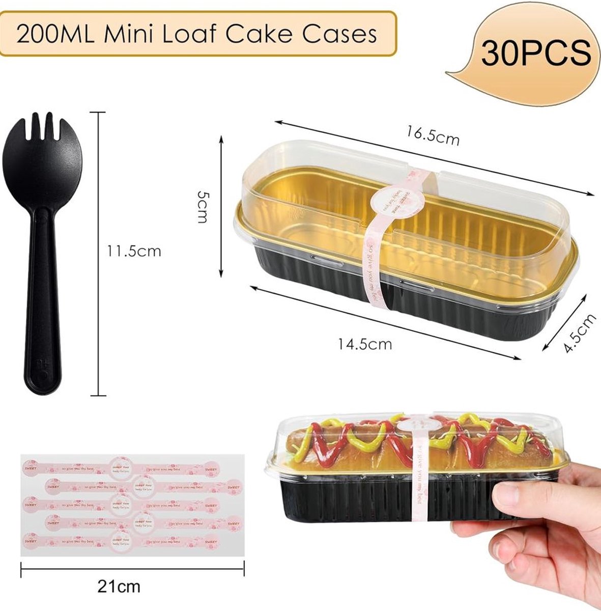 Mini broodcakevormpjes 30 stuks mini-broodblikken met deksels en lepels, 200 ml mini-cakevormpjes rechthoekige aluminiumfolie bakpannen + Cake Spuitzakken, Wegwerp Plastic Cake Spuitzakken 100 Stuks (S)