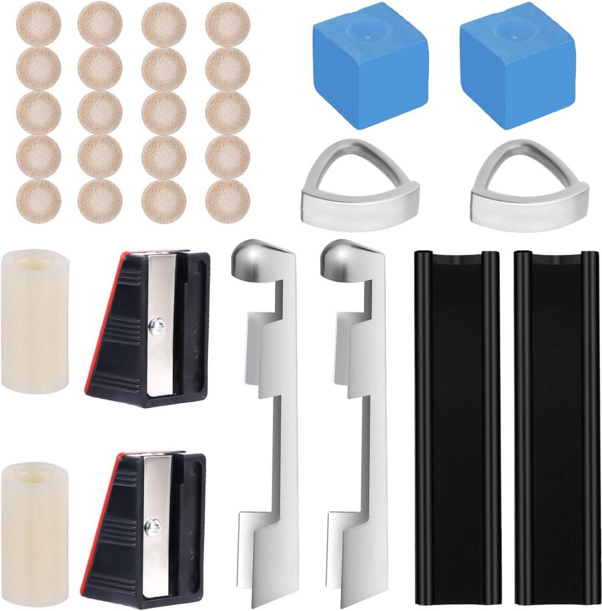 Repair Kit Pool Cues - 32 Pieces Club Tip Clips 20 Shapers - Club Tips 2 Chalk Cubes 2 Ferrules 2 Shavers - Spare Parts Billiard Cue