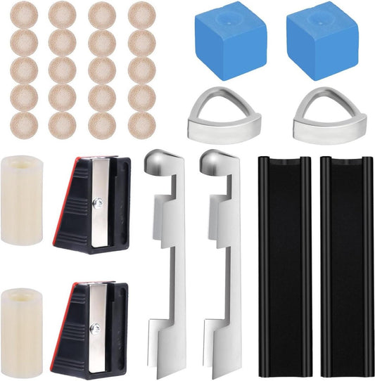 Repair Kit Pool Cues - 32 Pieces Club Tip Clips 20 Shapers - Club Tips 2 Chalk Cubes 2 Ferrules 2 Shavers - Spare Parts Billiard Cue