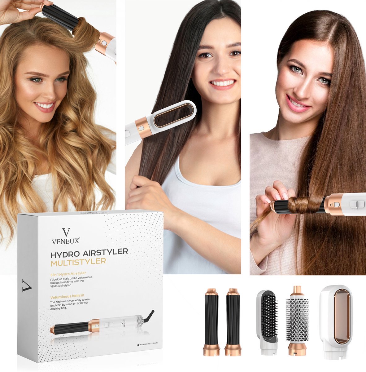 VENEUX® Föhnborstel - Airstyler - Krulborstel - Krultangen - 5 in 1 Multistyler - Wit Met Goud - 2025 Editie
