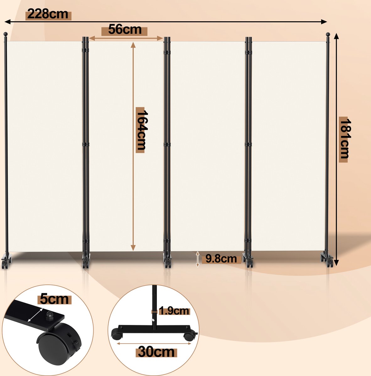 Room divider on wheels with 4 panels - 228 x 181 cm - Garden Room Divider Spanish Wall Partition Beige