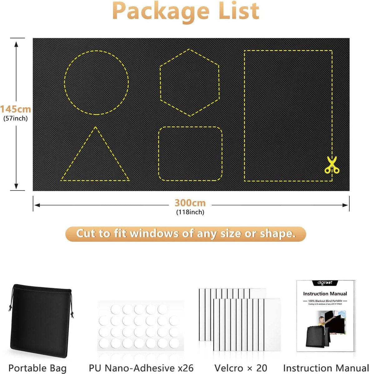 Portable blackout blind 300x145cm - Custom cut - Blackout material - Rod on window - Blackout curtains for bedroom - Nursery - Loft - Travel - Camper - Car blackout blind suction cups