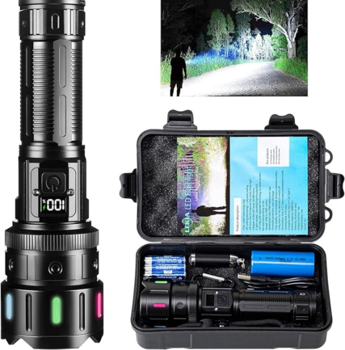 Military Flashlight - USB Rechargeable - Handheld - 5 Modes - Waterproof - 100,000 Lumens - Black
