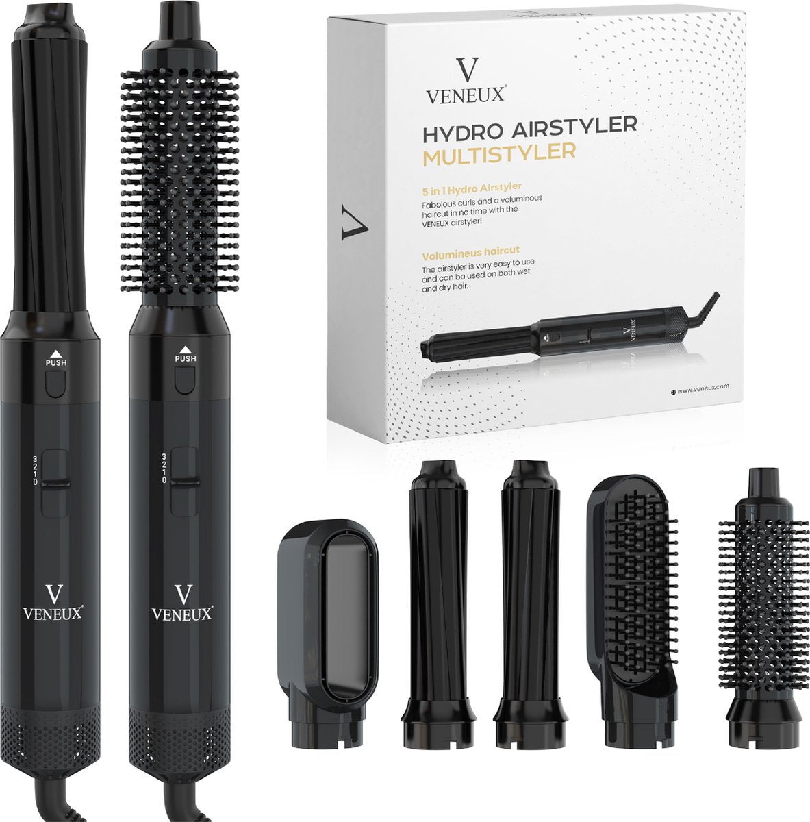 VENEUX® Föhnborstel - Airstyler - Krulborstel - Krultangen - 5-in-1 Multistyler - Zwart