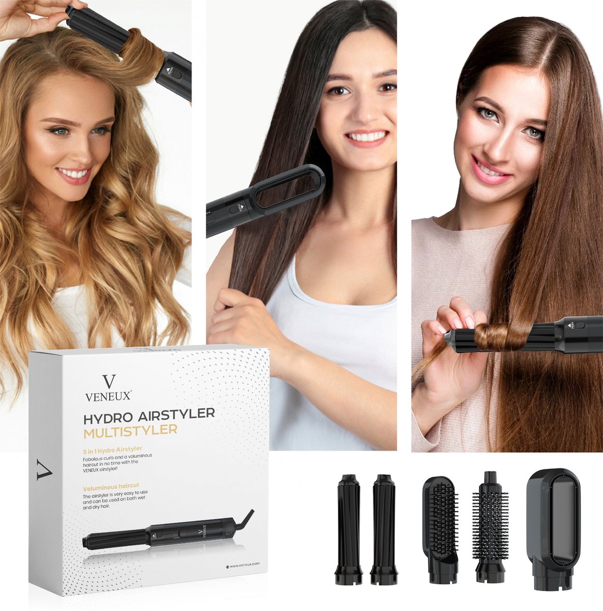VENEUX® Föhnborstel - Airstyler - Krulborstel - Krultangen - 5-in-1 Multistyler - Zwart