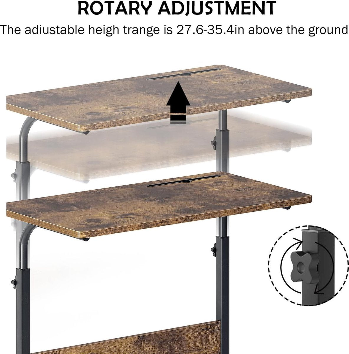 Bureau In hoogte verstelbaar laptoptafel, computertafel met tabletsleuf, 80 x 40 cm, pc-tafel, banktafel, verzorgingstafel, bijzettafel met wieltjes, vintage bruin
