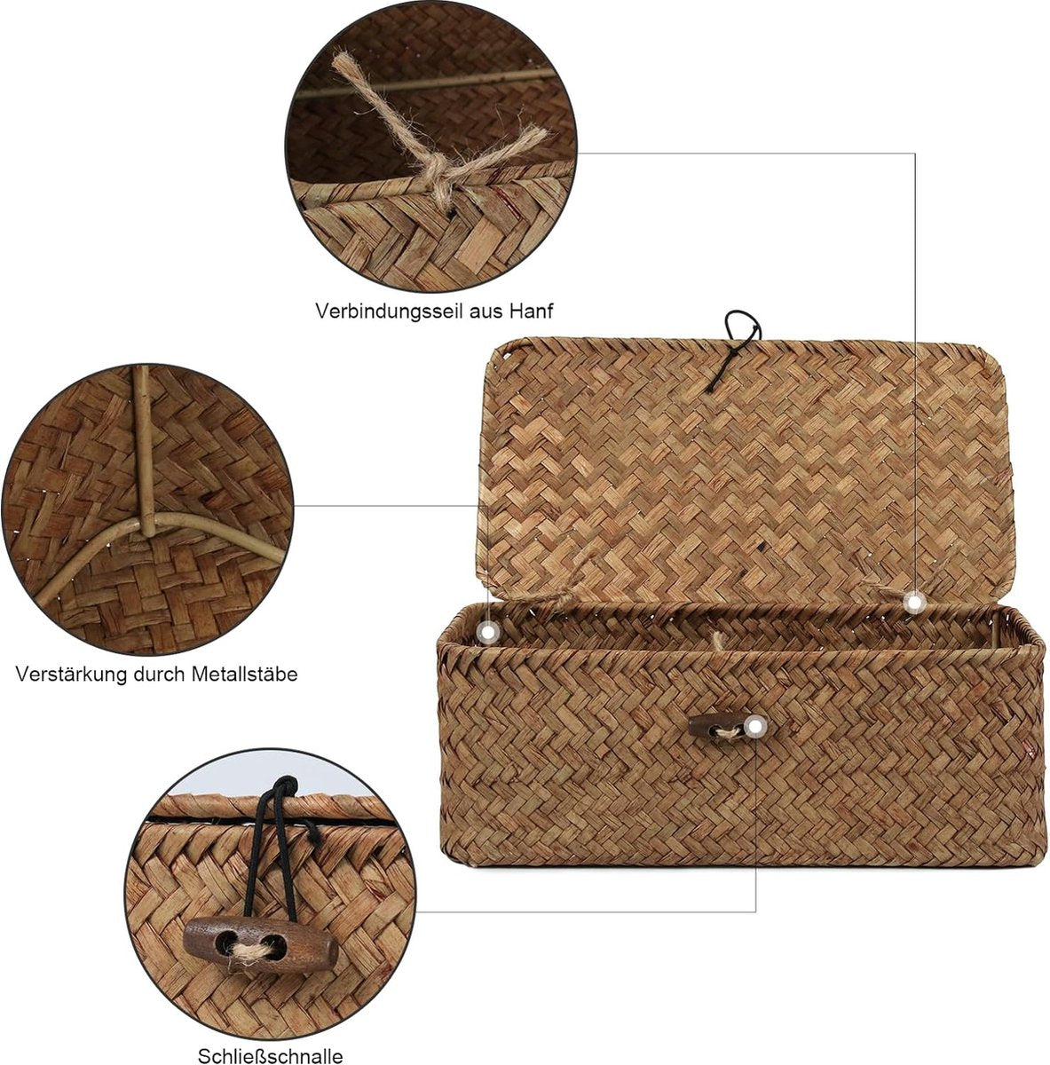 Rattan storage basket with lid, 3 pieces, natural seagrass, woven baskets, multifunctional storage box for toys, cosmetics, bathroom, toilet paper