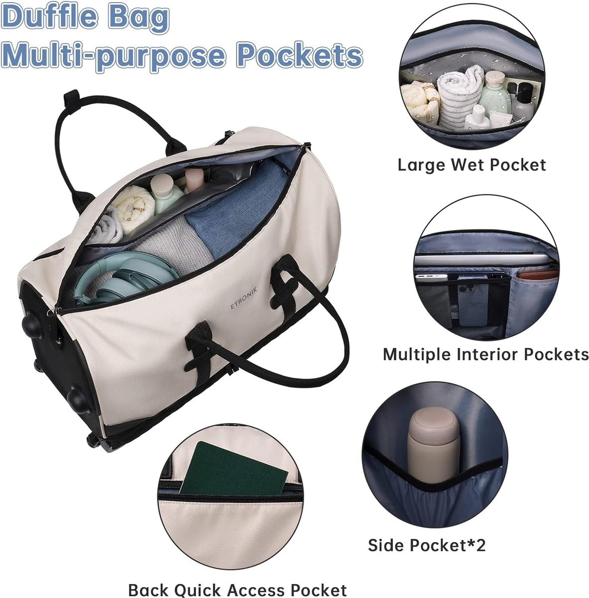 wheeled travel bag, travel bag, 21 inch women's travel bag with makeup bag, 21x14x9 inch flight approved weekender with wheels
