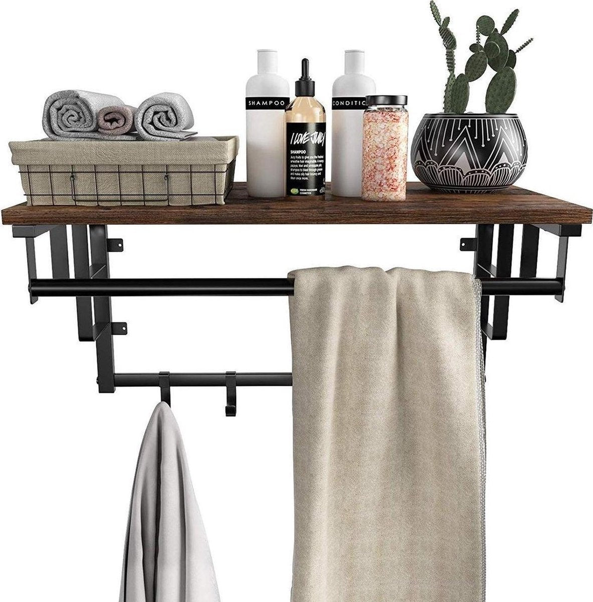Parya Home - Vintage Coat Rack with Hat Shelf - Hanging Wall Coat Rack in Metal / Wood - 66cm long - Brown / Black