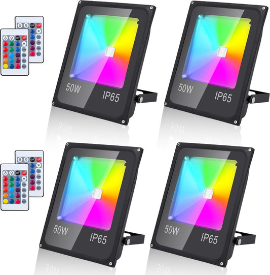 4X 50W RGB Floodlight Remote Control RGB LED Floodlight Waterproof IP65 LED Floodlight Black