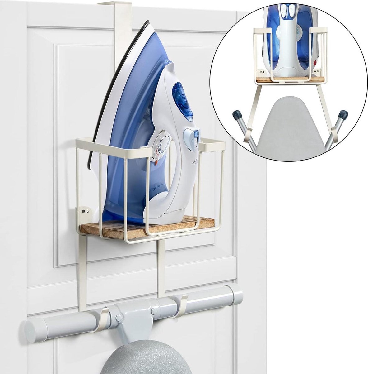 Ironing board holder wall mount with large storage basket - laundry room holder for iron and board - spray bottle storage rack Ironing board