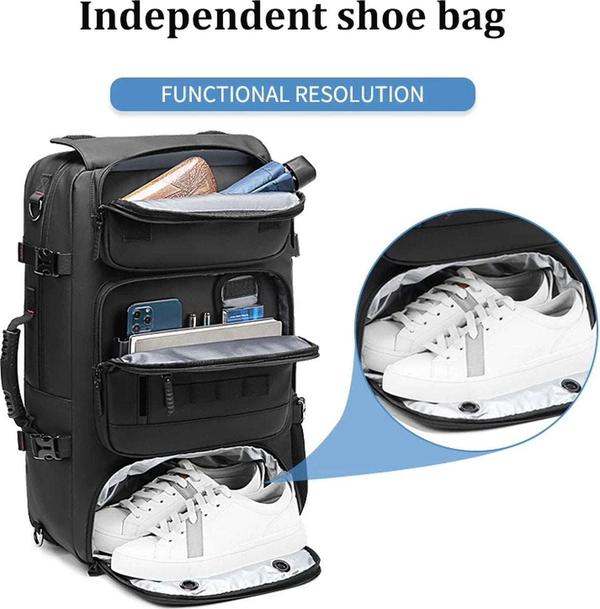 Waterdichte Reistas voor Mannen 17 Inch - Zakelijke Laptoprugzak met Gescheiden Schoenenvak, USB-oplaadpoort, 50L Outdoor Rugzak voor Wandelen, Zakenreizen en Trektochten, Grote Rugzak met Laptopvak en Waterdichte Bescherming