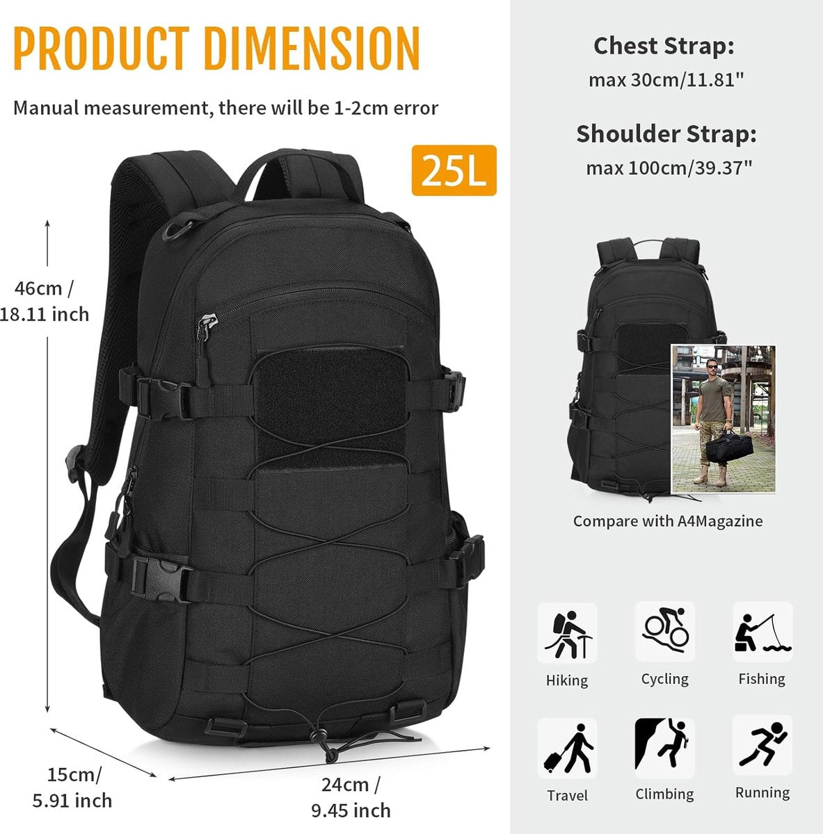 Tactical backpack, 25 liter, 1000D nylon, tactical daypack, army, hiking backpack, Molle combat backpack, water repellent, for men and women, college, travel, sports, outdoor, climbing,