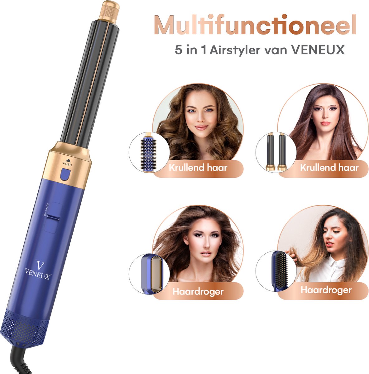 VENEUX® Föhnborstel - Airstyler - Krulborstel - Krultangen - 5-in-1 Multistyler – Blauw Met Goud