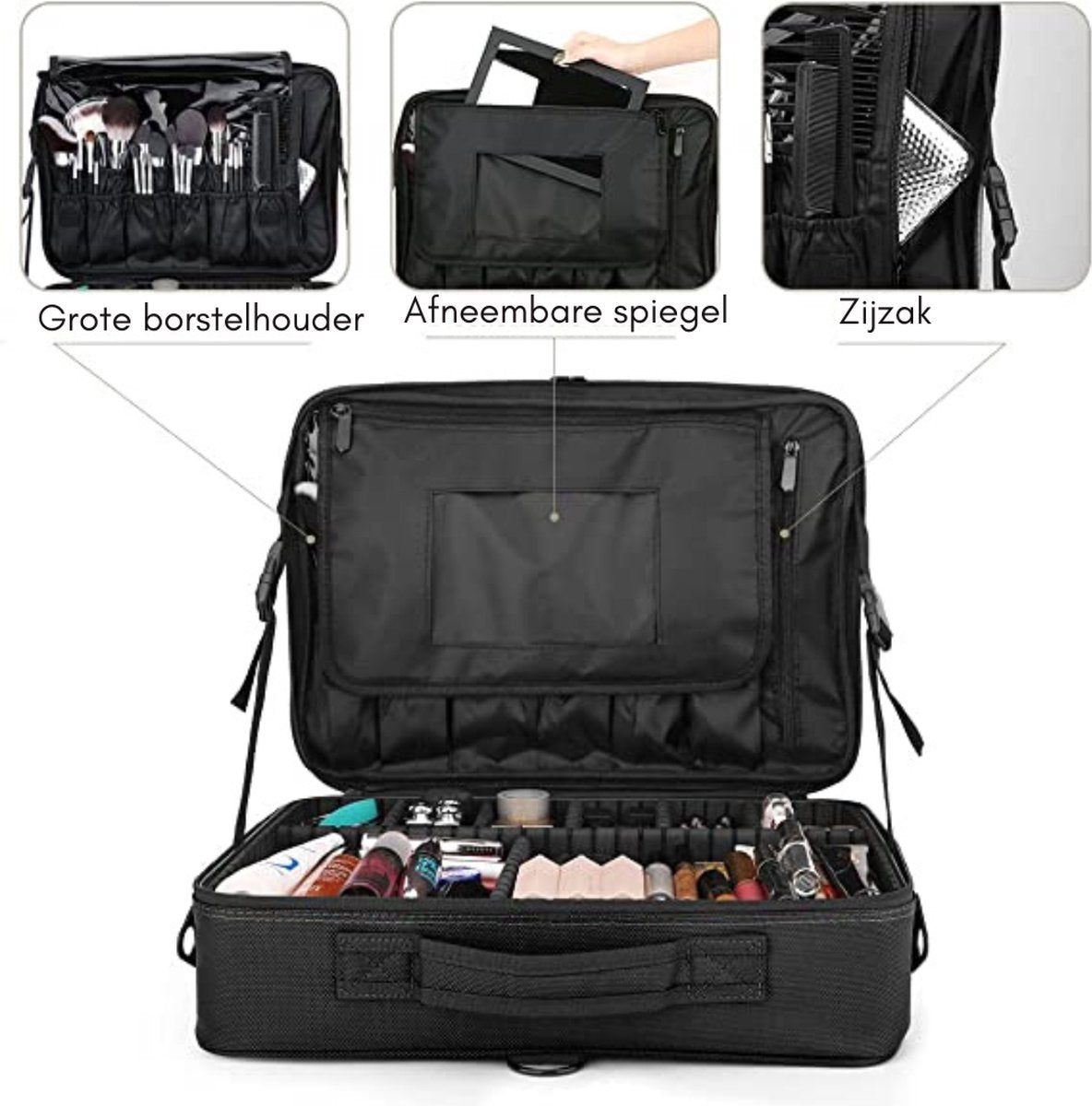 Visagie Trolley - Reizen - Make-up Tas - Cosmetica Koffer - 3 Lagen Groot Professioneel Cosmetisch - Trein Koffer - Draagbaar - Make-up - Kwastenhouder - Organizer - Artiesten Opbergtas Met Schouderriem Spiegel - Zwart