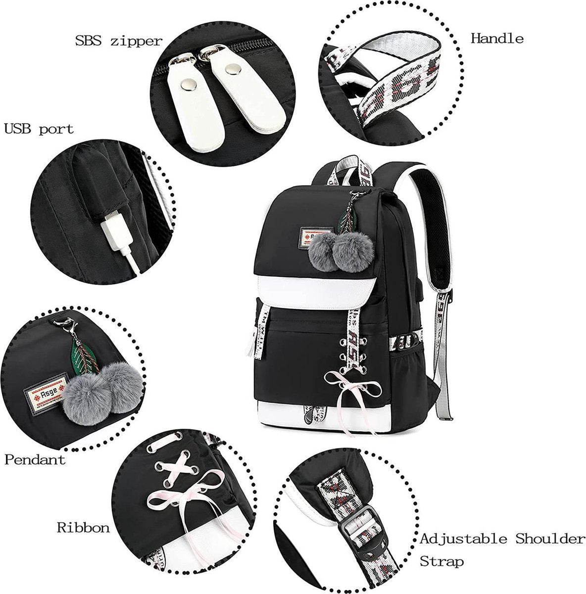 Rugzak - 25 Liter - Dames - School - Casual - USB aansluiting - Zwart