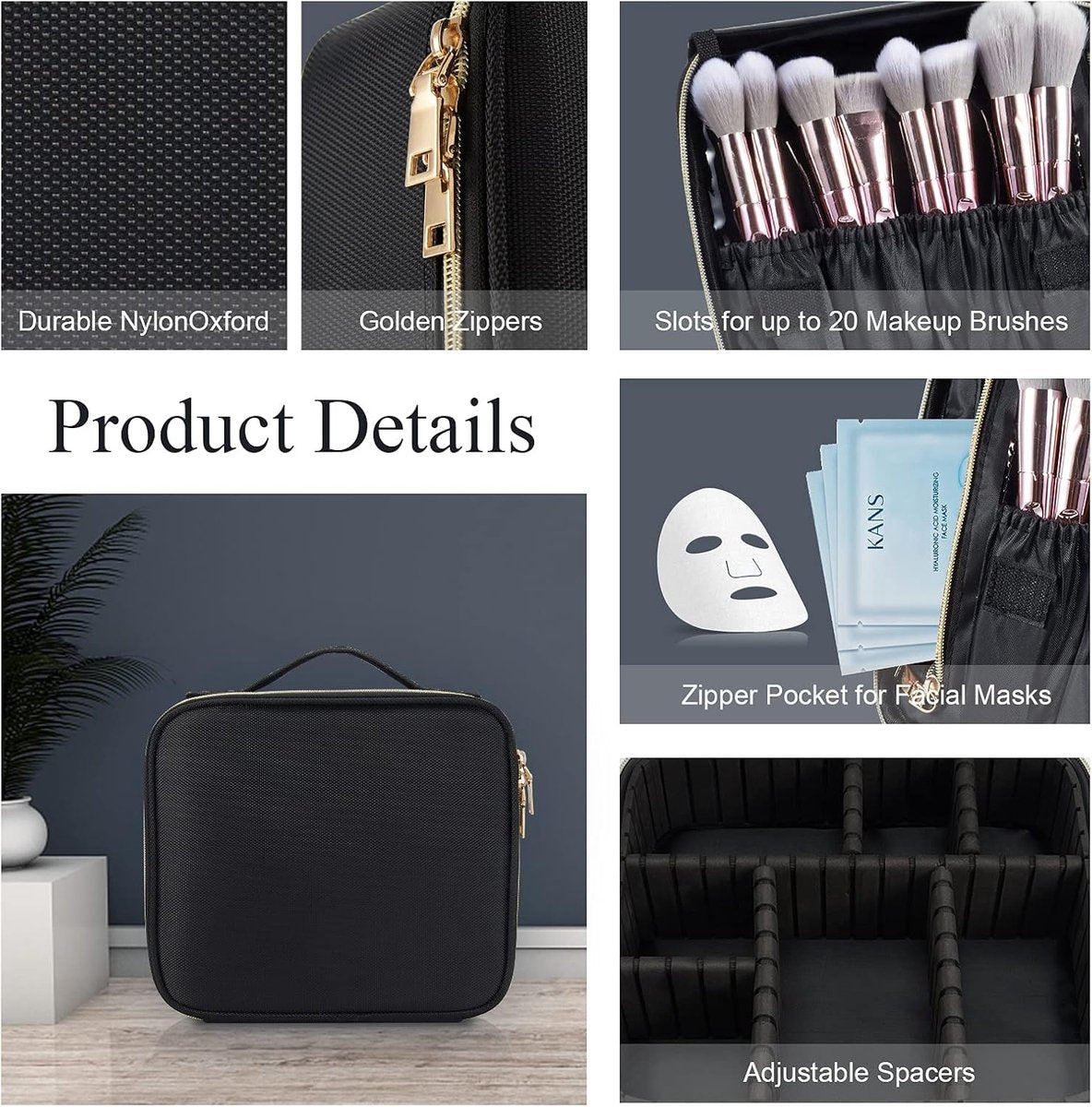 Make-uptas, make-uptas, reisorganizer, make-uptas met handvat en verstelbare verdelers, zwart