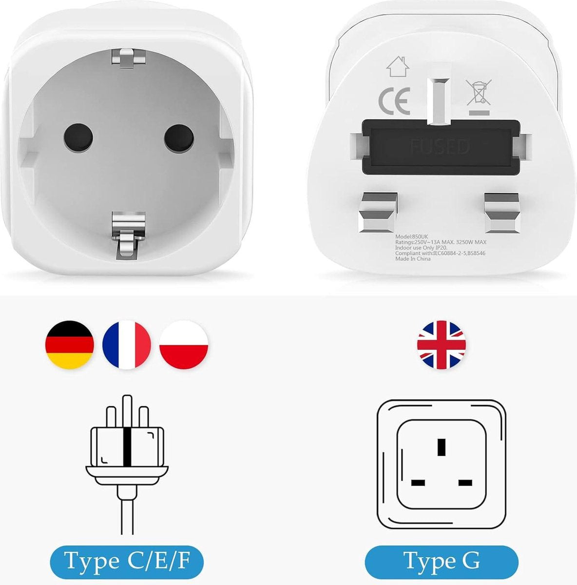 Reisadapter EU/DE naar VK - 2 stuks, Type G, Europa naar Engeland - VK, Ierland, Hongkong