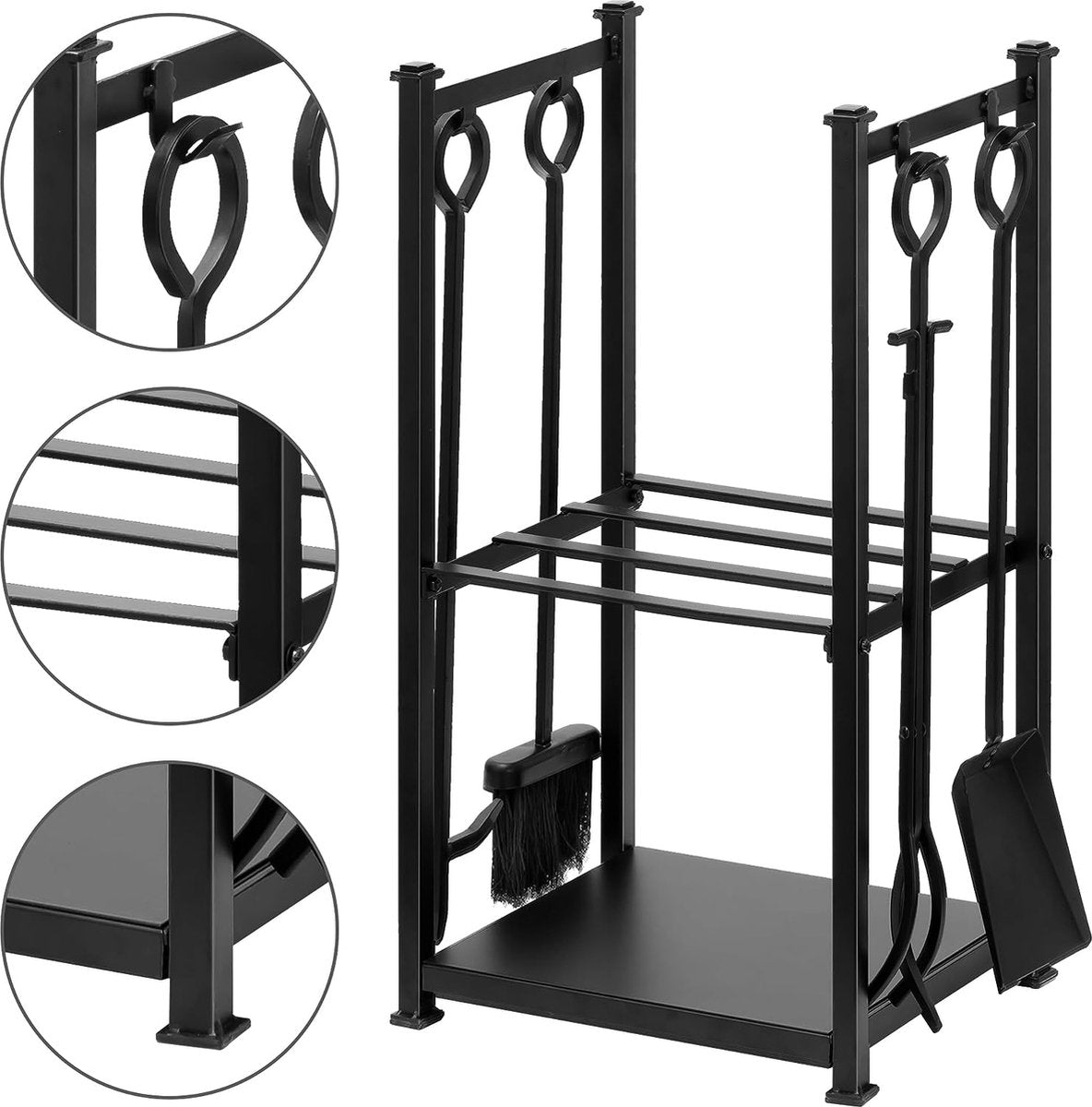 Log Rack with 4 Fireplace Tools, 72 x 46 x 30 cm, for Indoor Use, Firewood Stand, for Outdoor Use, Wood Rack, 2 Shelves, Wrought Iron, Firewood Rack