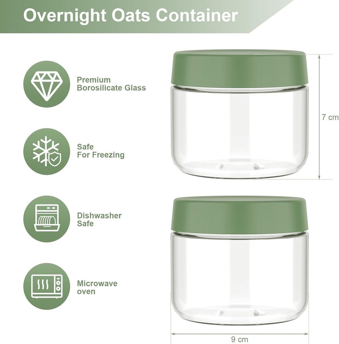 Mueslibeker 300ml 2 stuks - potjes voor overnight oats - luchtdicht deksel - voorraadpotjes - ronde glazen bakjes - meal prep - yoghurt muesli pap - groene deksel
