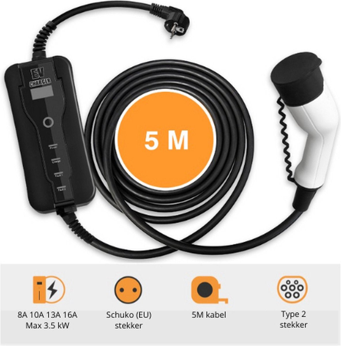 Mobiele Thuislader - Type 2 - Mennekes - Stopcontact EU - Instelbaar 8A/10A/13A/16A