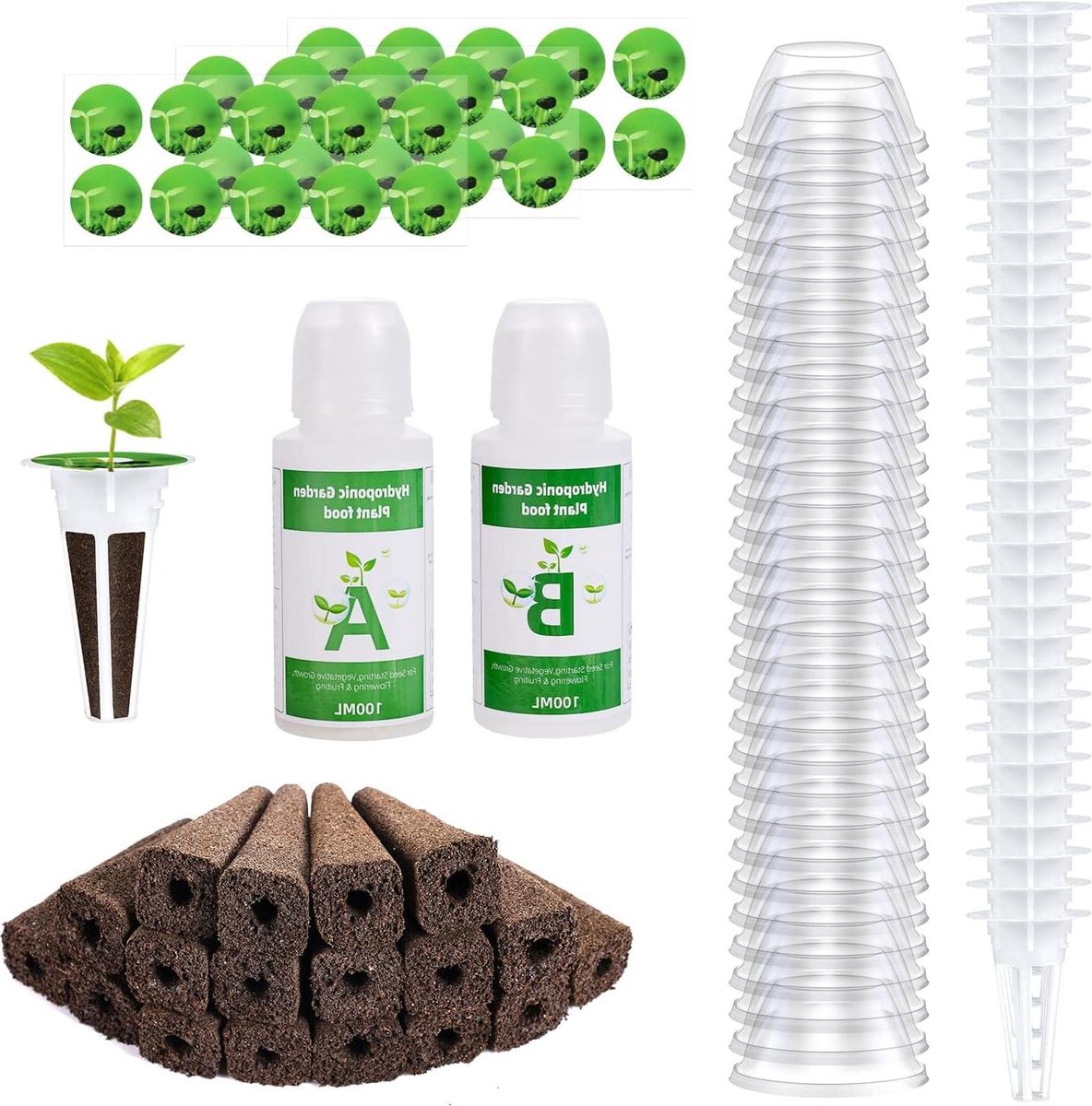Seed Pod Kit for Hydroponic Growing System - 122 pcs - Includes 30 Grow Sponges, 30 Grow Baskets, 30 Grow Domes and 2 100ml Plant Food Hydroponics System