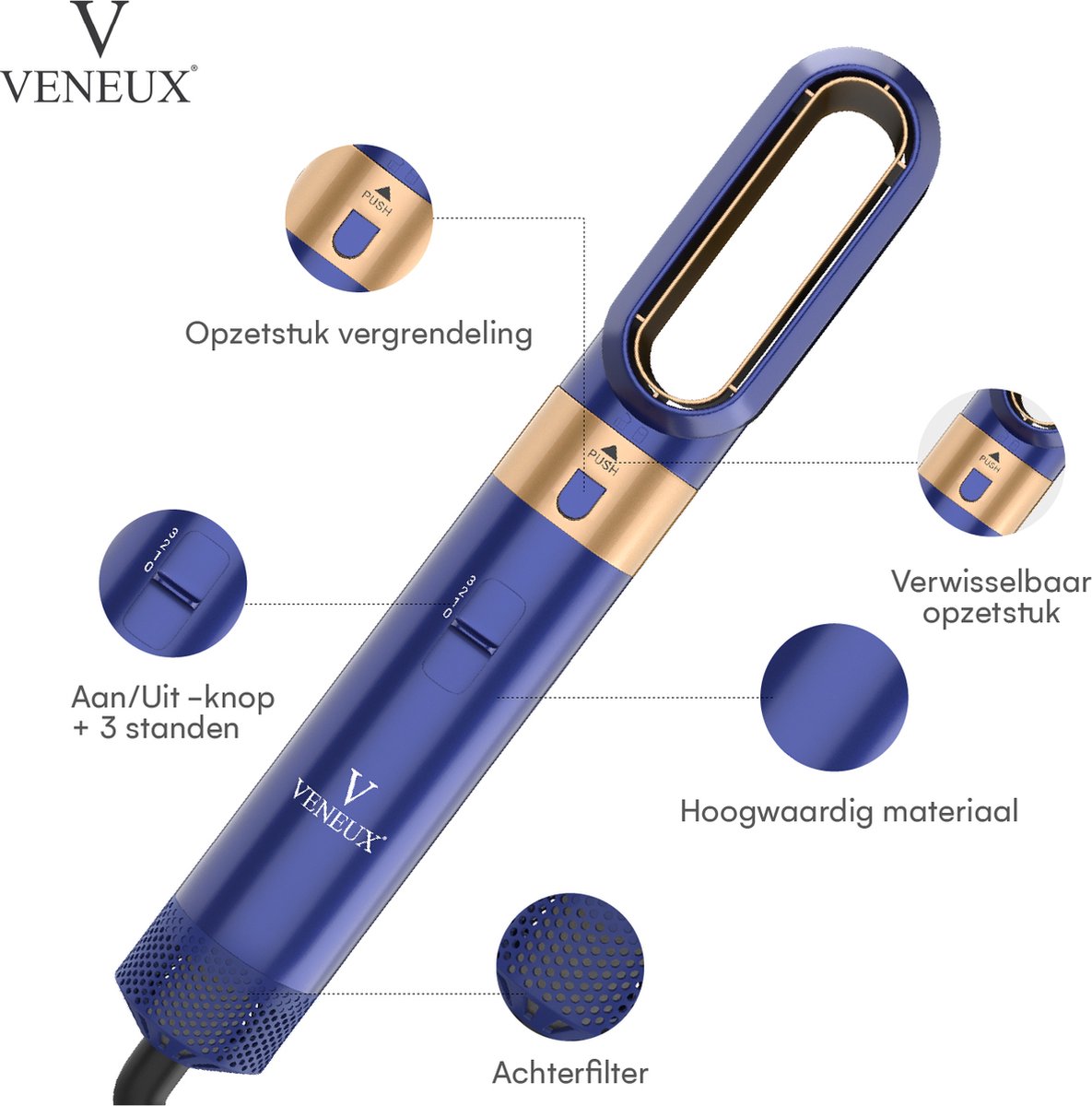 VENEUX® Föhnborstel - Airstyler - Krulborstel - Krultangen - 5 in 1 Multistyler – Blauw Met Goud - 2025 Editie