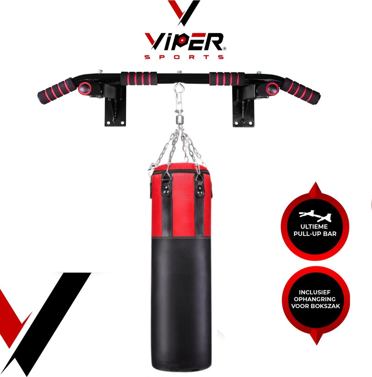 Viper Sports Optrekstang – Optrekstang met ring – Met bevestigingsring voor bokszak - Antislip - L94xB51xH18 cm – Zwart/Rood