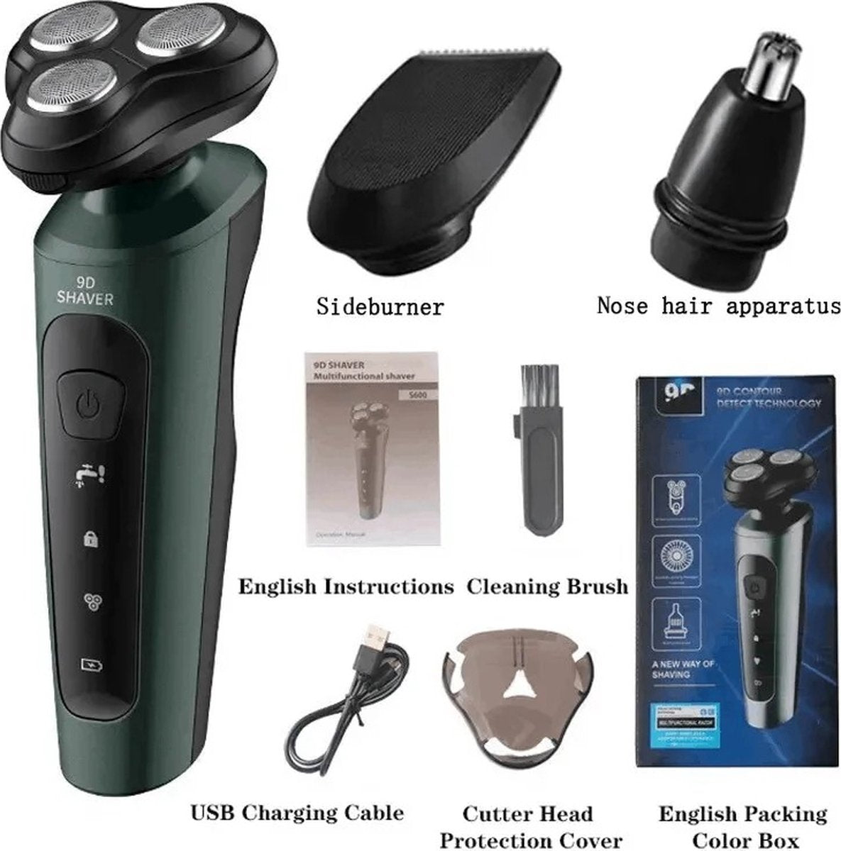 Nique Shaver for Men - 4 in 1 - Massage Brush - Nose Hair Trimmer - Beard Trimmer - Waterproof - Green