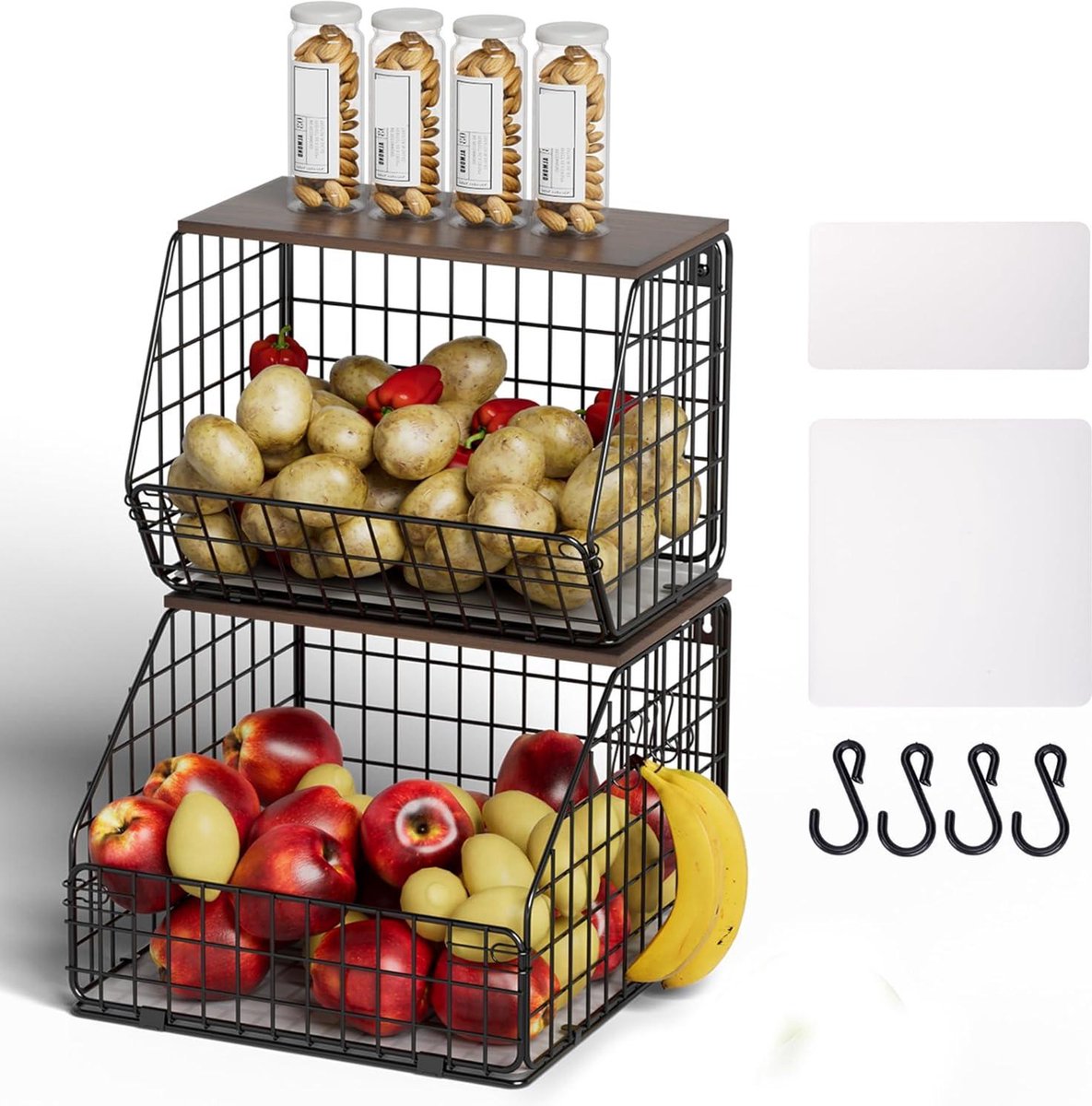Hangende Fruitschaal - 2 Stuks Fruitmand Wandfruitmand Keukenorganizer met Houten Deksel - Stapelbare Groentemand voor Groenten Fruit Snacks Broodhouder