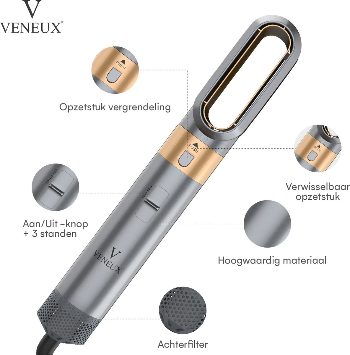 VENEUX® Föhnborstel - Airstyler - Krulborstel - Krultangen - 5-in-1 Multistyler - Met Opbergcase - Grijs Met Goud