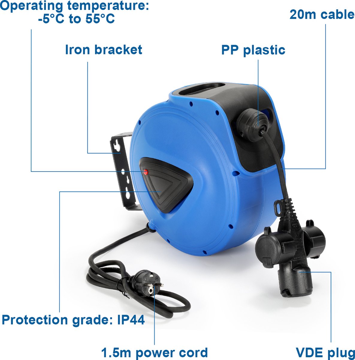Automatische kabelhaspel 20m kabelhaspel 180° zwenkbaar met muurbeugel kabeltrommel haspel automatisch oprollen en afrollen van de kabel stroomkabel - 3 gaten