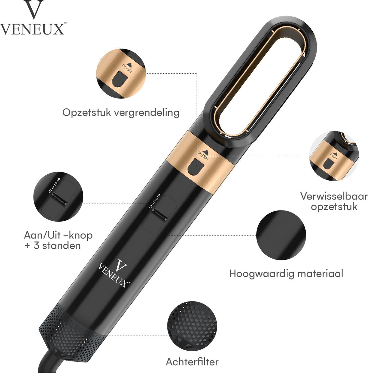 VENEUX® Föhnborstel - Airstyler - Krulborstel - Krultangen - 5 in 1 Multistyler – Zwart Met Goud - 2025 Editie