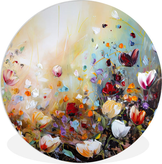 WallCircle® Muurcirkel 60x60 cm - Olieverf - Bloemen - Kleurrijk - Natuur - Plant - Veld - Muurdecoratie woonkamer - Wanddecoratie slaapkamer - Kamer decoratie accessoires - Ronde schilderijen - Woonaccessoires cirkel binnen