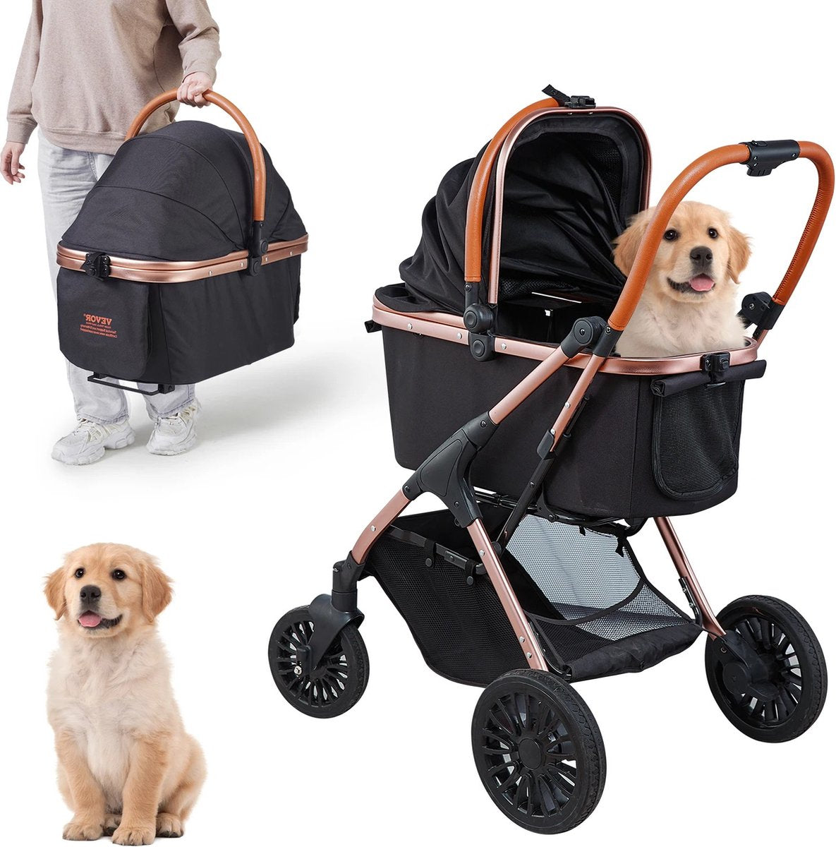 Bealive® Opvouwbare wagen voor dieren - honden en katten - Hondenbuggy - Hondentrolley met Afneembare Drager - Afneembare Drager - Wagen voor middelgrote honden of puppy's - 85x59x105cm - 10.1kg - Gewichtscapaciteit van 30kg