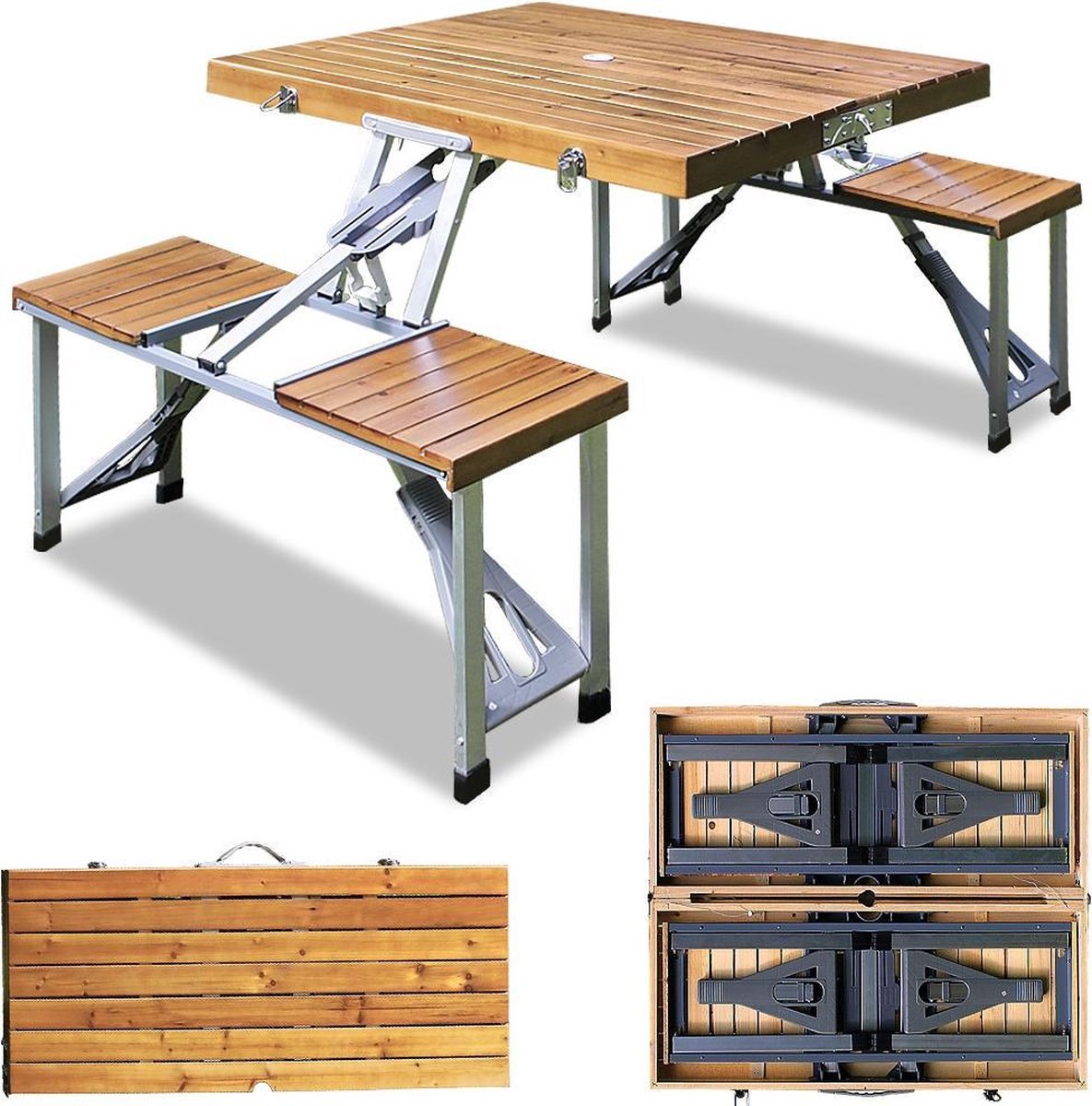Deuba Picknicktafel Campingtafel - opvouwbaar voor 4 personen - hout en aluminium