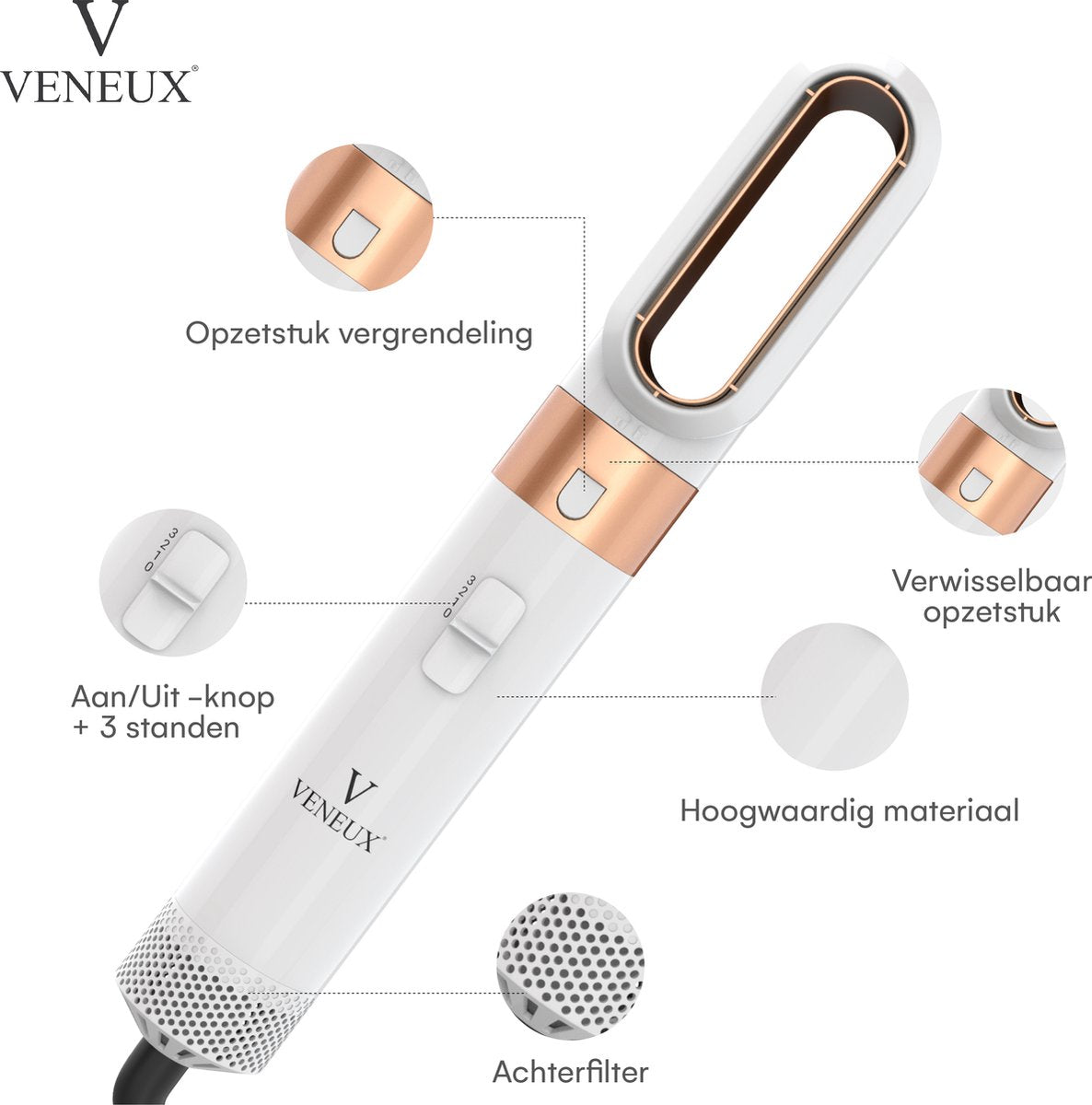 VENEUX® Föhnborstel - Airstyler - Krulborstel - Krultangen - 5-in-1 Multistyler - Met Opbergcase - Wit