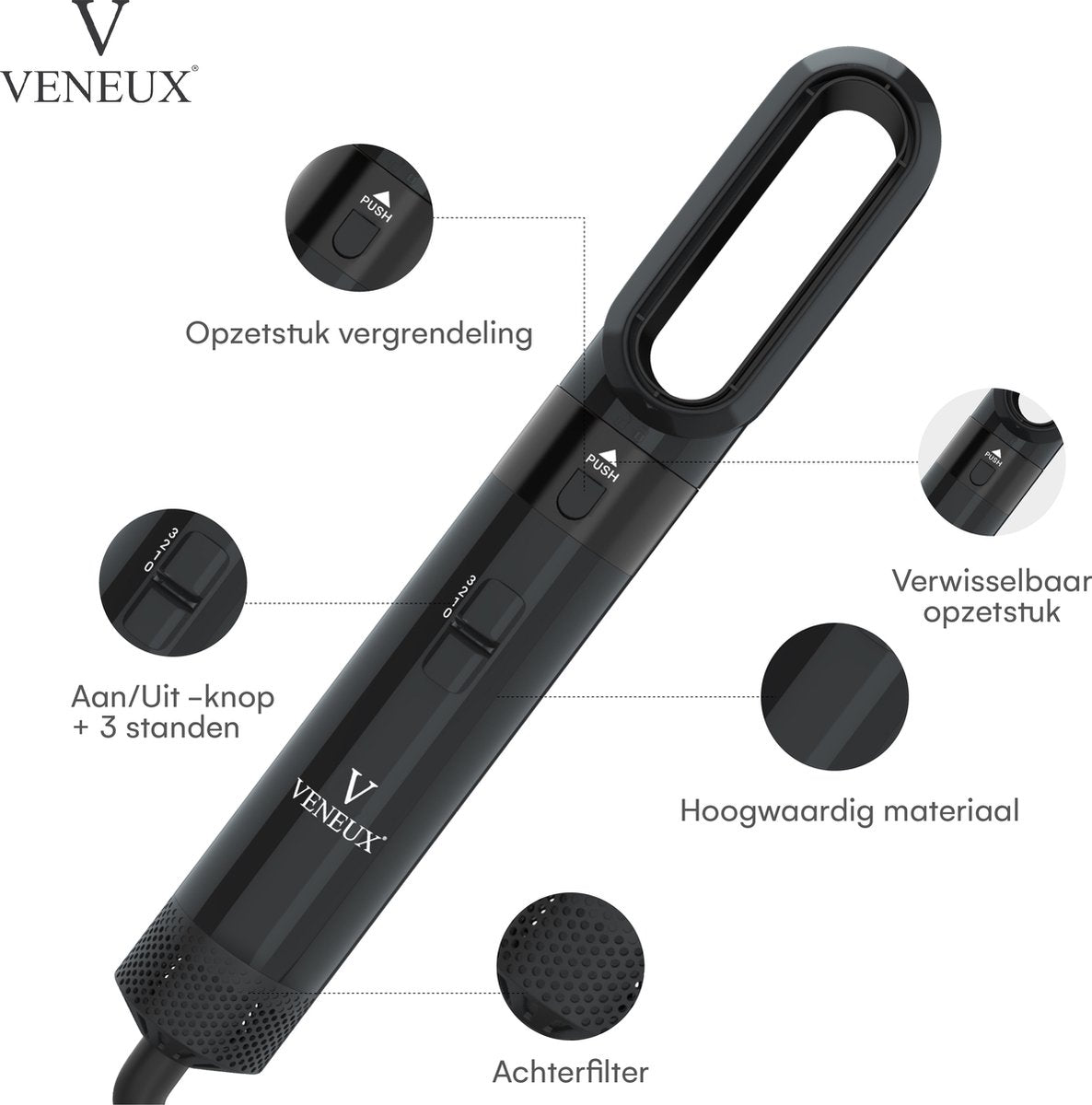 VENEUX® Föhnborstel - Airstyler - Krulborstel - Krultangen - 5 in 1 Multistyler - Met Opbergcase - Zwart