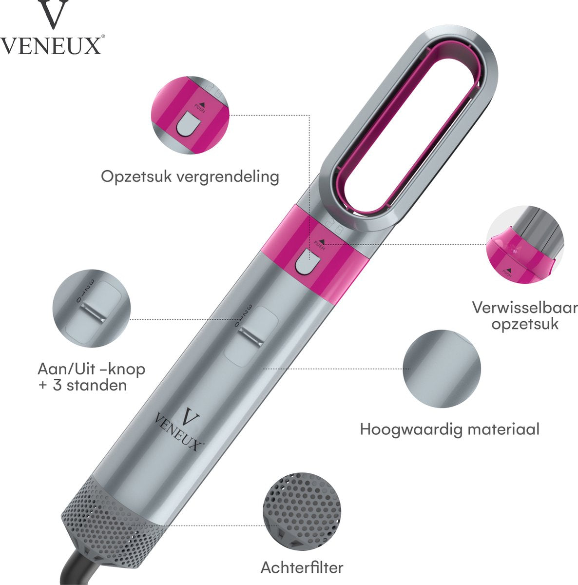 VENEUX® Föhnborstel - Airstyler - Krulborstel - Krultangen - 5 in 1 Multistyler - Met Opbergcase - Grijs