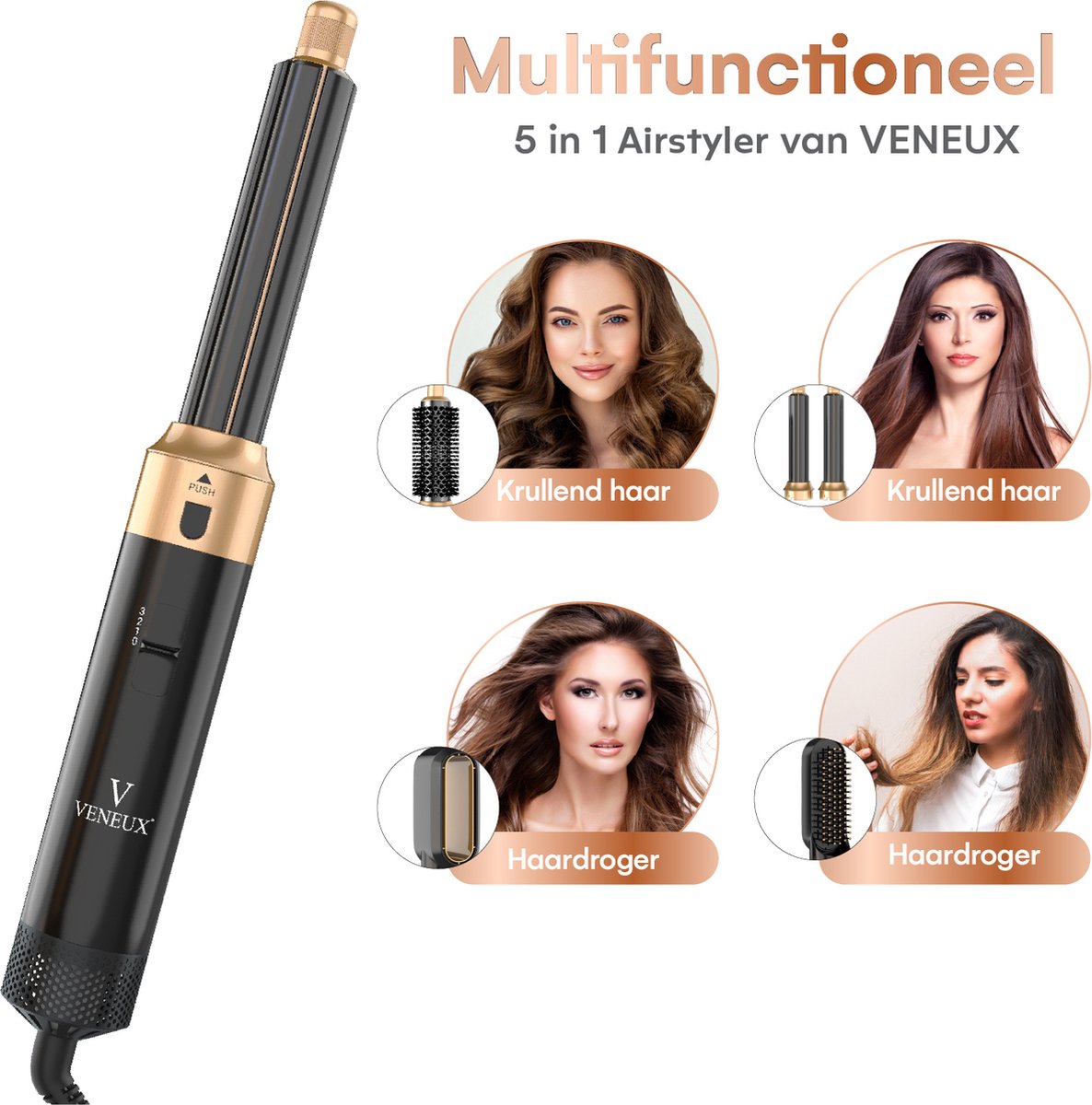 VENEUX® Föhnborstel - Airstyler - Krulborstel - Krultangen - 5 in 1 Multistyler – Zwart Met Goud - 2025 Editie