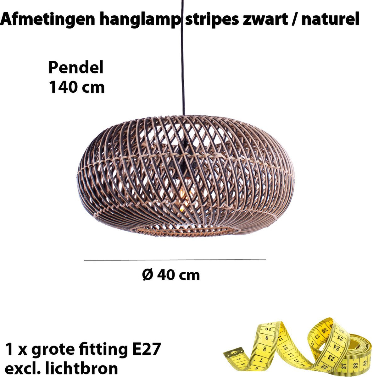 Rattan hanglamp Stripes | 1 lichts | zwart / naturel | rattan / metaal | Ø 40 cm | in hoogte verstelbaar tot 140 cm | eetkamer / eettafel / woonkamer lamp | modern / landelijk design